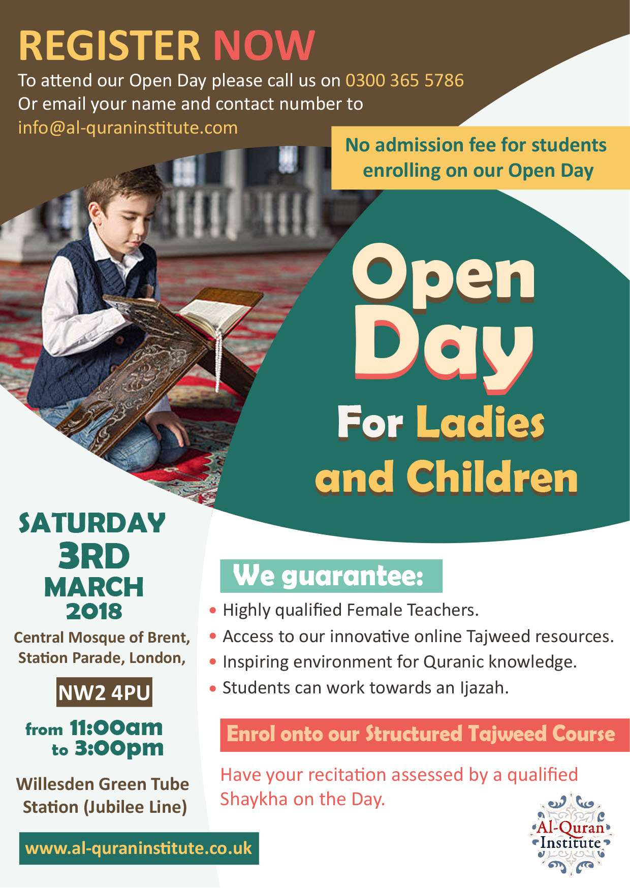 Al-Quran Institute - Open Day - Enrol onto our Structured Tajweed Course for Ladies and Children